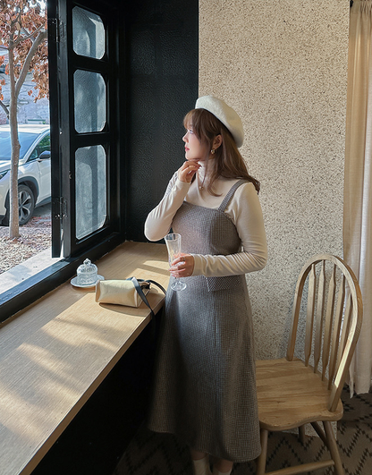 大きいサイズ レディース ハイネックインナーシャツ+サスペンダーワンピース2点セット LL 3L 4L 5L 6L