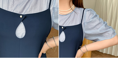 大きいサイズ レディース プリーツパフスリーブブラウス+サスペンダーワンピース LL 3L 4L 5L