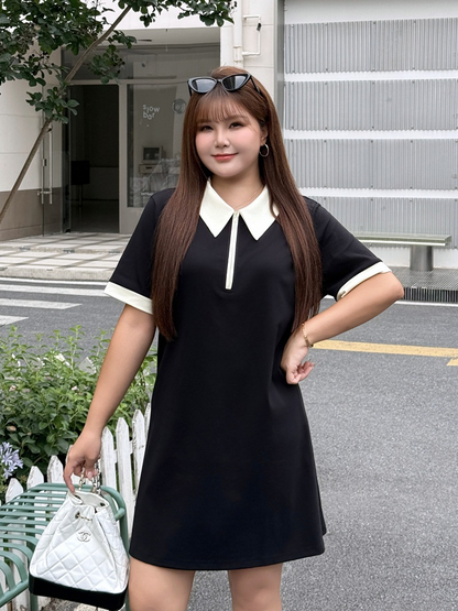 大きいサイズ レディース 配色ポロカラーハーフジップAラインワンピース LL 3L 4L 5L