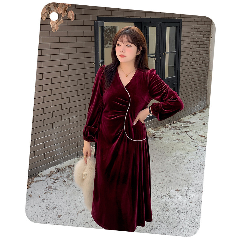 大きいサイズ レディース Vネックラインストーン装飾エレガントベルベットワンピース LL 3L 4L 5L