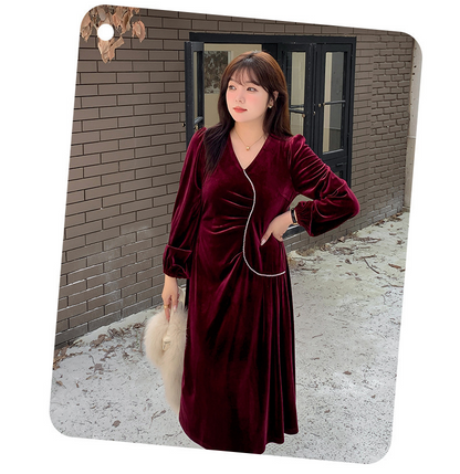 大きいサイズ レディース Vネックラインストーン装飾エレガントベルベットワンピース LL 3L 4L 5L