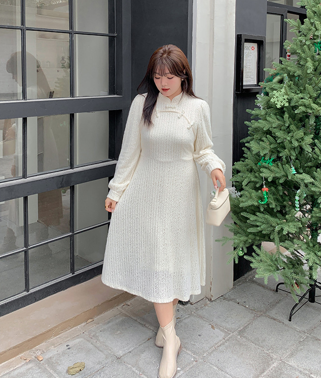 大きいサイズ レディース チャイナ風レトロ花柄ビーズボタンレースワンピース LL 3L 4L 5L