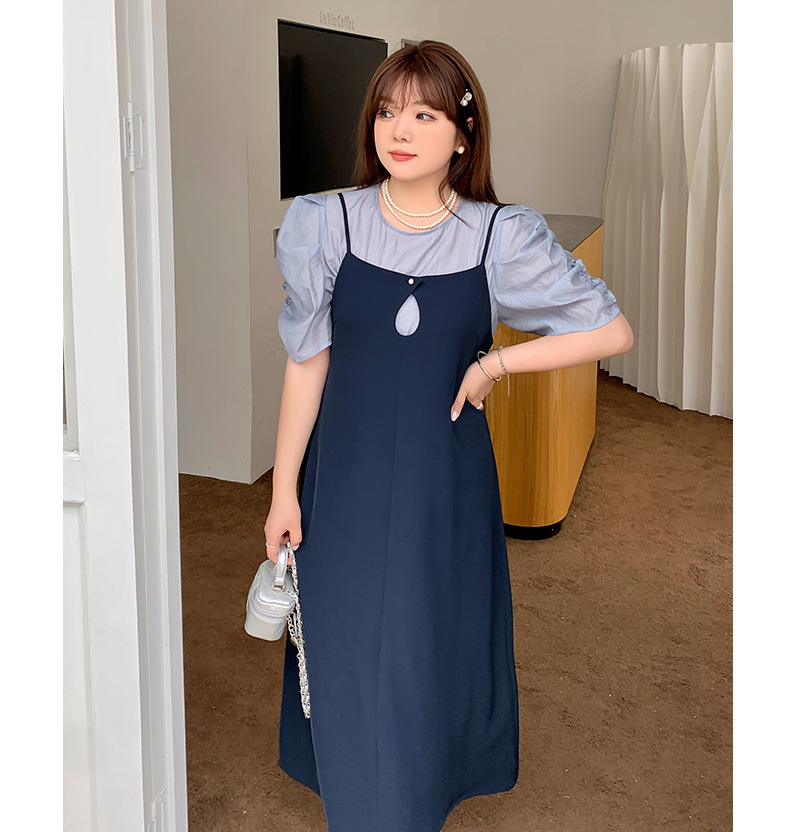 大きいサイズ レディース プリーツパフスリーブブラウス+サスペンダーワンピース LL 3L 4L 5L