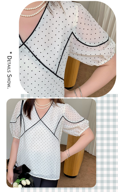 大きいサイズ レディース フレンチVネック水玉模様シースルートップス LL 3L 4L 5L