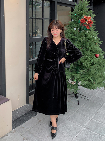 大きいサイズ レディース Vネックラインストーン装飾エレガントベルベットワンピース LL 3L 4L 5L