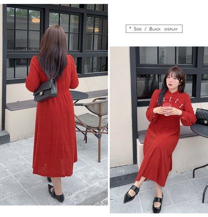 大きいサイズ レディース チャイナ風レトロ花柄ビーズボタンレースワンピース LL 3L 4L 5L