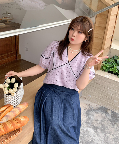 大きいサイズ レディース フレンチVネック水玉模様シースルートップス LL 3L 4L 5L