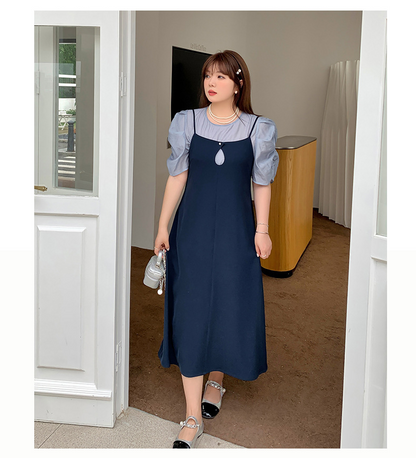 大きいサイズ レディース プリーツパフスリーブブラウス+サスペンダーワンピース LL 3L 4L 5L