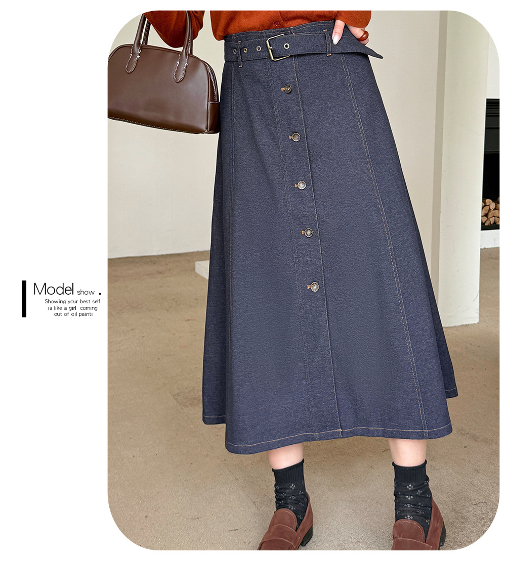 大きいサイズ レディース 起毛フェイクデニムベルト付ボタンダウンロングスカート LL 3L 4L 5L