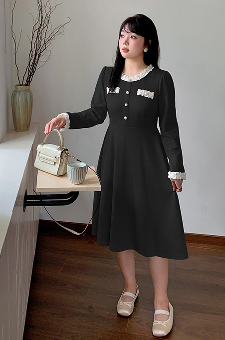 大きいサイズ レディース ラウンドネックレースニットワンピース LL 3L 4L 5L