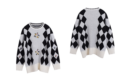 大きいサイズ レディース ラウンドネックレトロ小花ダイヤ柄プルオーバーセーター LL 3L 4L