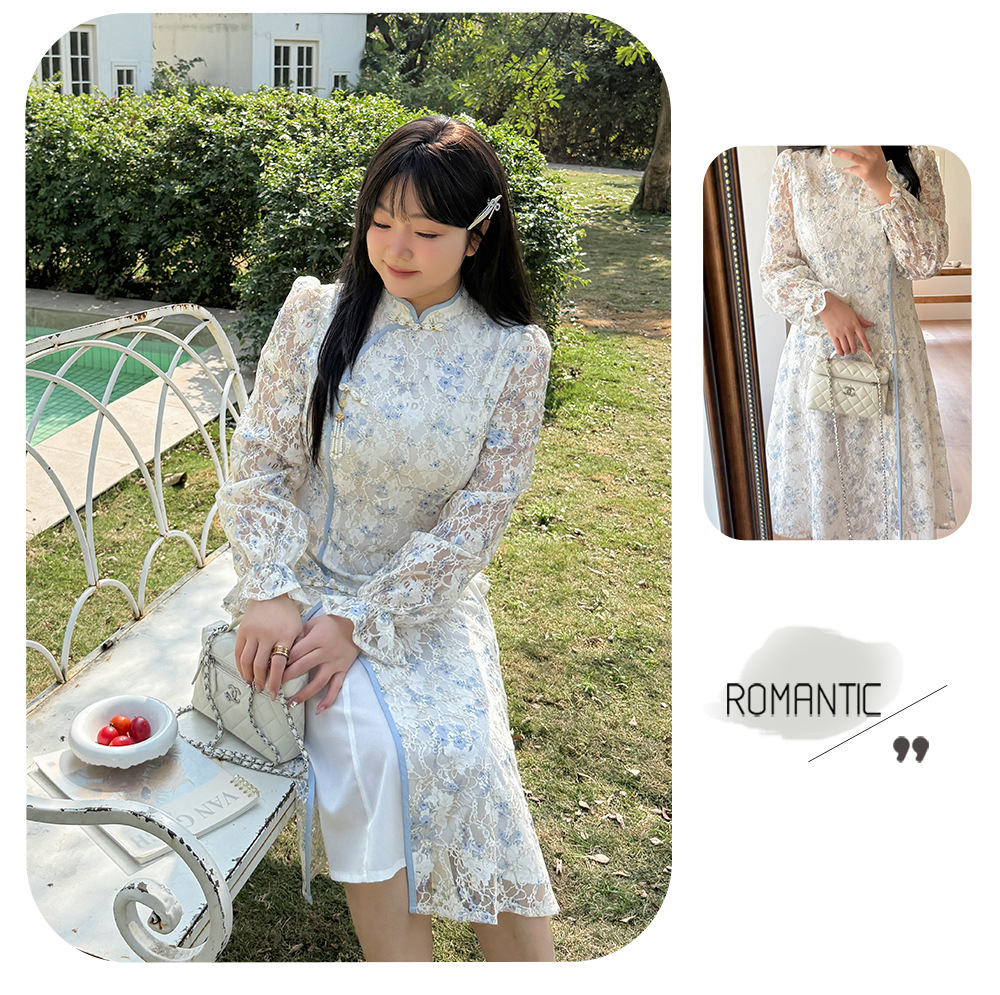 大きいサイズ レディース レトロ花柄プリントレースチャイナワンピース LL 3L 4L 5L