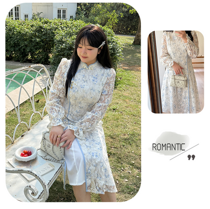 大きいサイズ レディース レトロ花柄プリントレースチャイナワンピース LL 3L 4L 5L