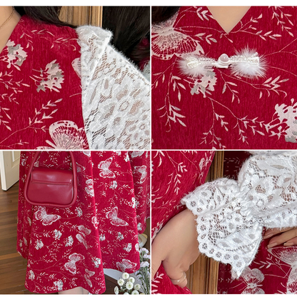 大きいサイズ レディース フェイクツーピースバタフライ刺繍レースワンピース LL 3L 4L 5L