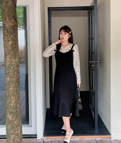 大きいサイズ レディース 花柄レースボトムシャツ+サスペンダースカート2点セット LL 3L 4L 5L