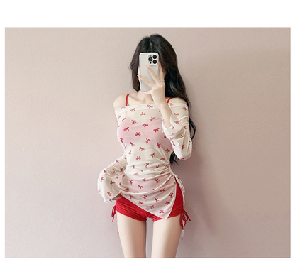 大きいサイズ レディース リボン柄シアートップス付きハイウエストセット水着 LL 3L 4L