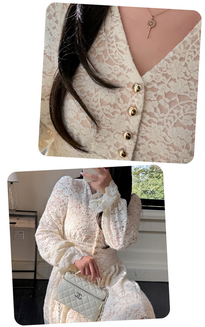 大きいサイズ レディース Vネックビーズボタン花柄レースワンピース LL 3L 4L 5L