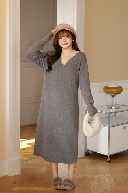 大きいサイズ レディース パールVネックスイートニットフレンチワンピース LL 3L 4L