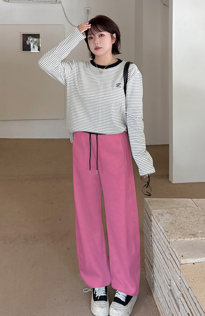 大きいサイズ レディース ニットコントラストウエストバンドストレートカジュアルパンツ LL 3L 4L 5L