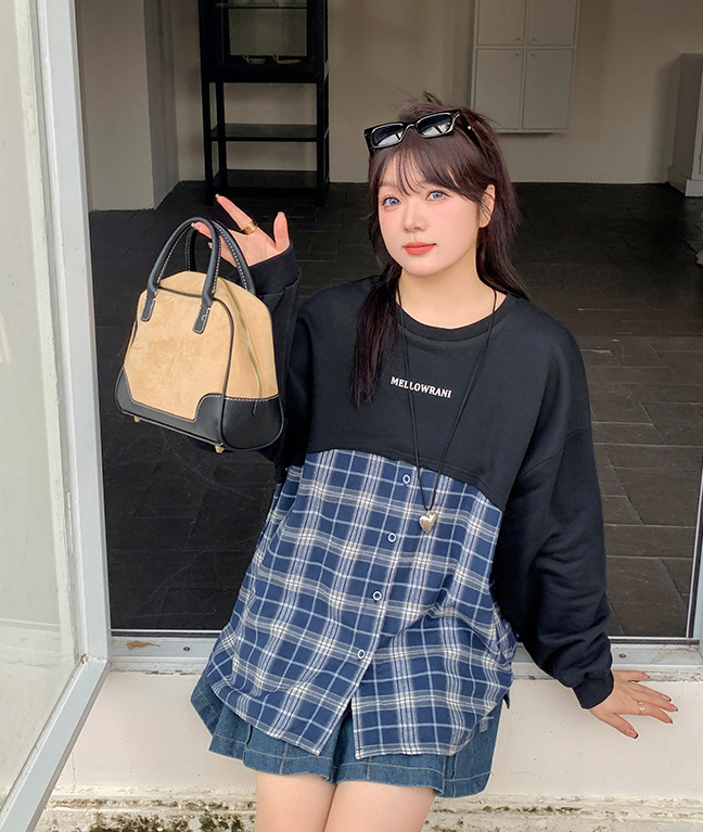 大きいサイズ レディース フェイクツーピースチェック柄スウェットシャツ LL 3L 4L 5L
