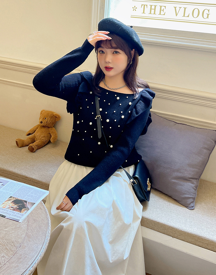 大きいサイズ レディース ビーズフリルオフショルダーニットセーター LL 3L 4L 5L