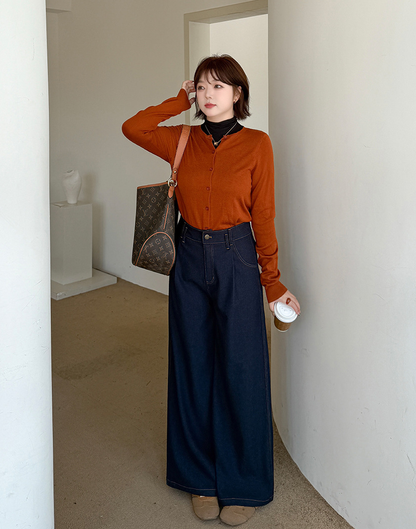 大きいサイズ レディース デニム風プリーツストレートワイドレッグパンツ LL 3L 4L 5L