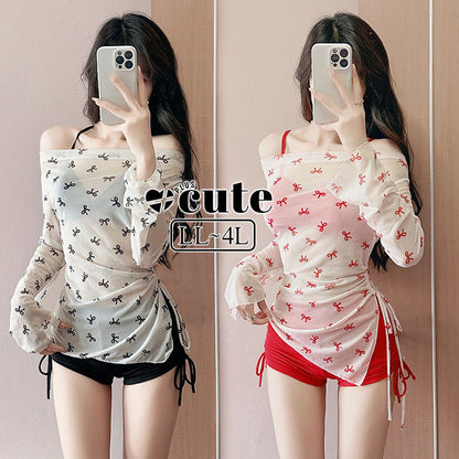 大きいサイズ レディース リボン柄シアートップス付きハイウエストセット水着 LL 3L 4L