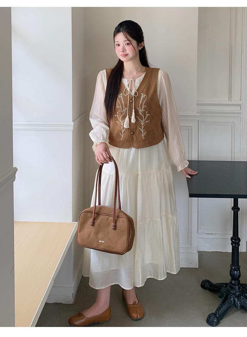 大きいサイズ レディース フラワー刺繍ベスト＆ティアードワンピース2点セット LL 3L 4L 5L 6L