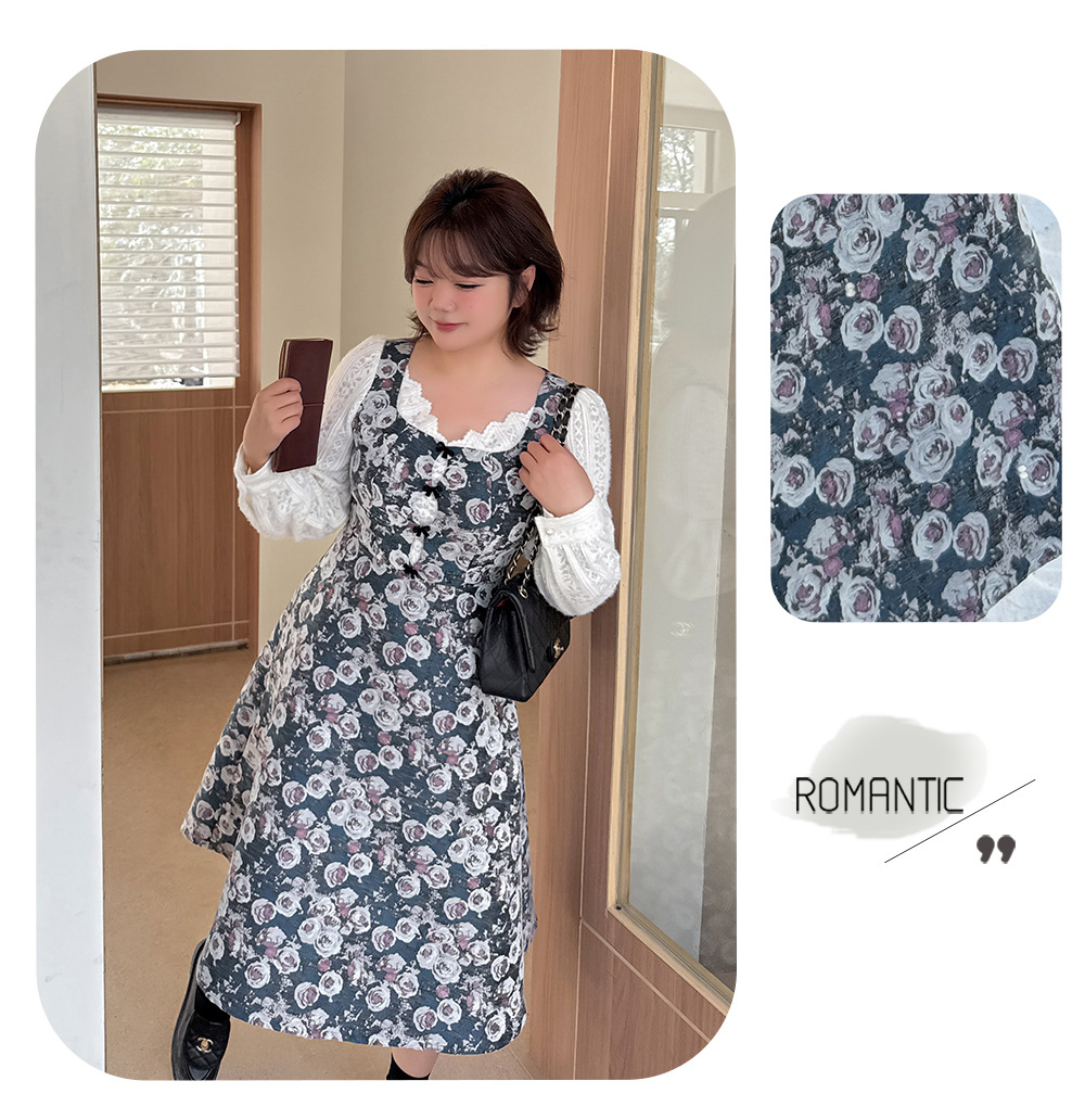 大きいサイズ レディース フレンチレースジャカードパッチワーク花柄ワンピース LL 3L 4L 5L