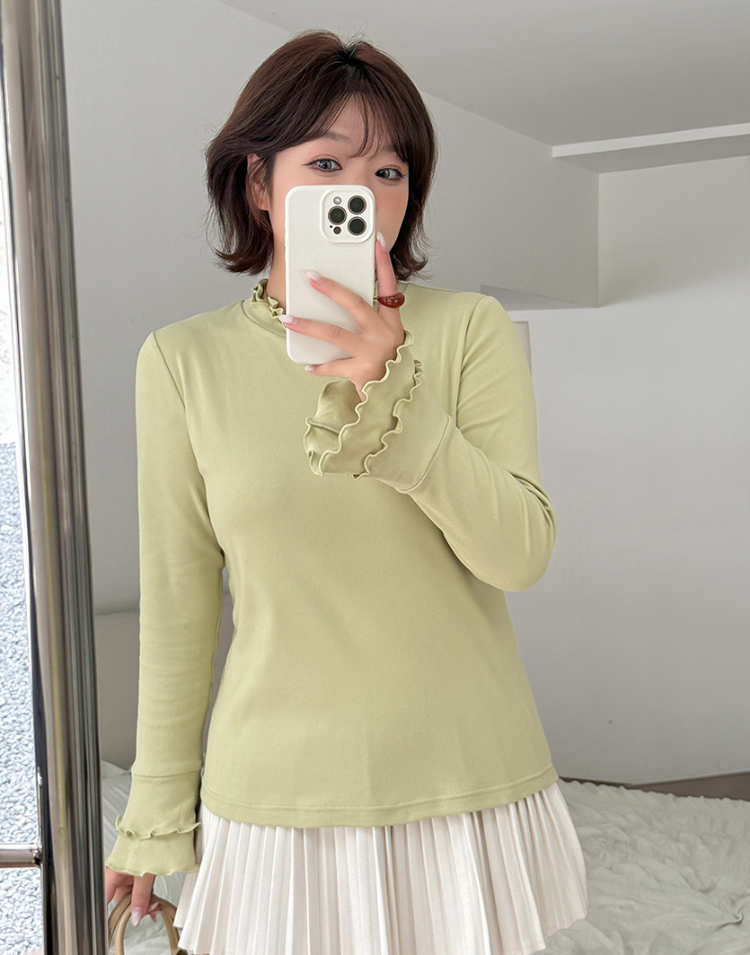 大きいサイズ レディース フリルネックスリムフィット長袖トップス LL 3L 4L 5L