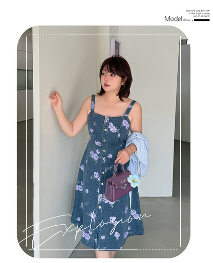 大きいサイズ レディース レトロ花柄デニムキャミソールワンピース LL 3L 4L 5L