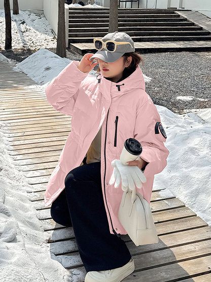 大きいサイズ レディース フード付きロゴ刺繍ワッペンミドル丈ダックダウンジャケット LL 3L