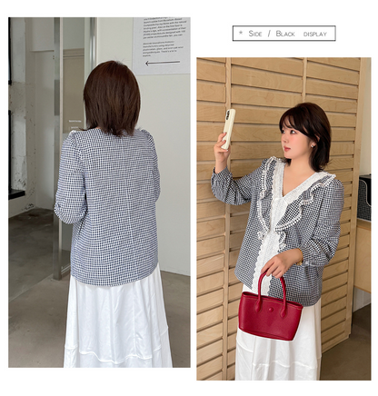 大きいサイズ レディース フレンチレトロギンガムチェックレースブラウス LL 3L 4L 5L