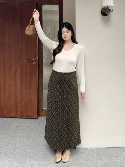 大きいサイズ レディース レトロチェック柄ハイウエストロングスカート LL 3L 4L 5L
