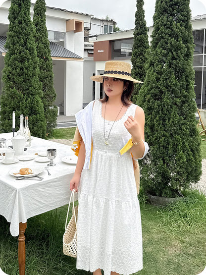 大きいサイズ レディース ホワイトノースリーブレースティアードワンピース LL 3L 4L 5L