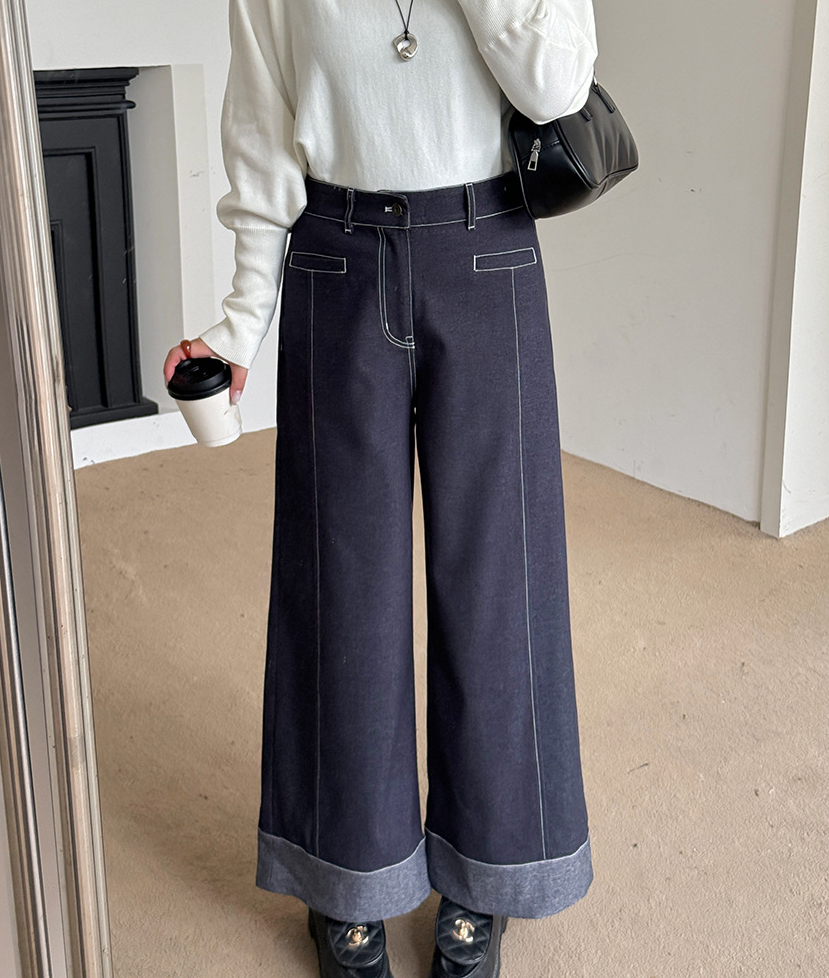 大きいサイズ レディース フェイクデニム折り返しワイドレッグパンツ LL 3L 4L 5L