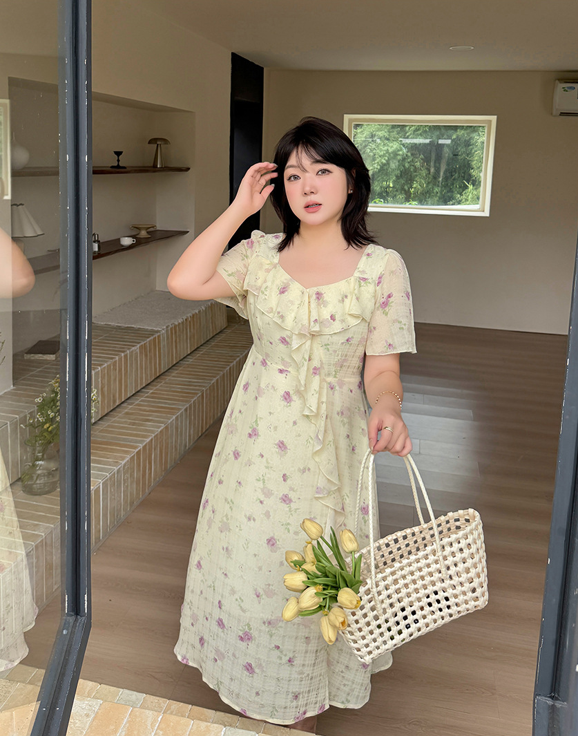 大きいサイズ レディース フレンチフリル花柄プリントワンピース LL 3L 4L 5L