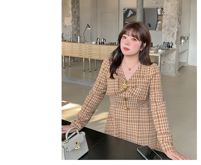 大きいサイズ レディース リボン付き千鳥柄Vネックフェイクウールワンピース LL 3L 4L 5L