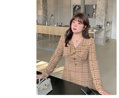 大きいサイズ レディース リボン付き千鳥柄Vネックフェイクウールワンピース LL 3L 4L 5L