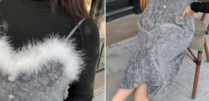 大きいサイズ レディース  ファーベルベットスリップワンピースヴィンテージプリント LL 3L 4L 5L