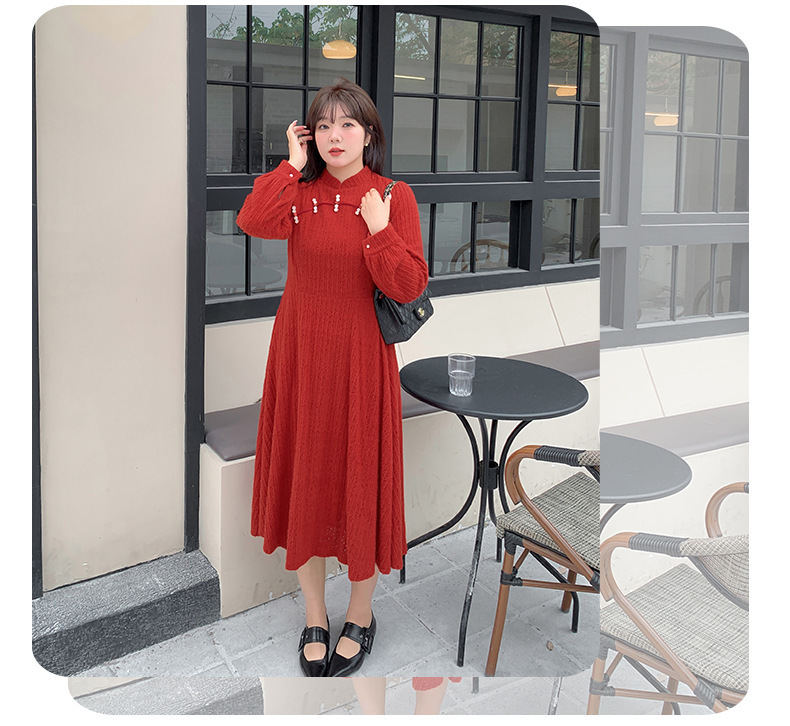 大きいサイズ レディース チャイナ風レトロ花柄ビーズボタンレースワンピース LL 3L 4L 5L