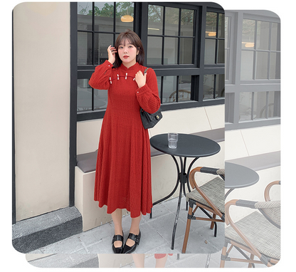 大きいサイズ レディース チャイナ風レトロ花柄ビーズボタンレースワンピース LL 3L 4L 5L