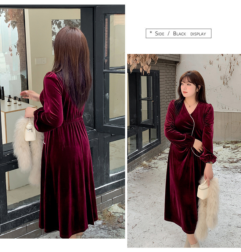 大きいサイズ レディース Vネックラインストーン装飾エレガントベルベットワンピース LL 3L 4L 5L