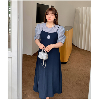 大きいサイズ レディース プリーツパフスリーブブラウス+サスペンダーワンピース LL 3L 4L 5L