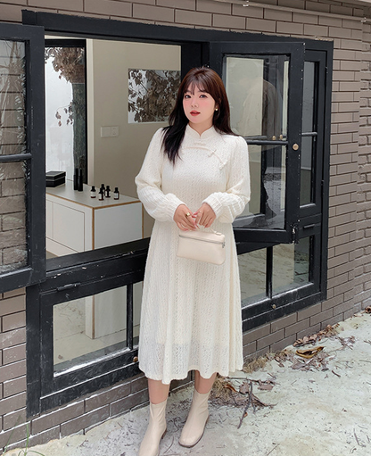 大きいサイズ レディース チャイナ風レトロ花柄ビーズボタンレースワンピース LL 3L 4L 5L