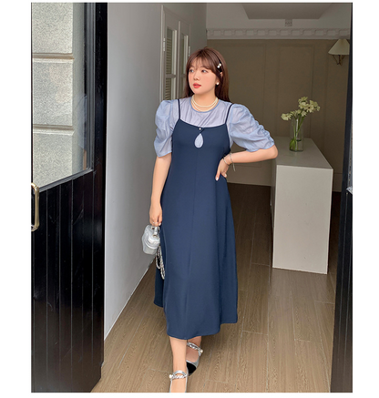 大きいサイズ レディース プリーツパフスリーブブラウス+サスペンダーワンピース LL 3L 4L 5L