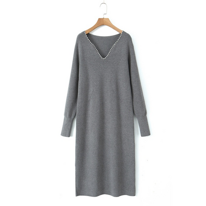 大きいサイズ レディース パールVネックスイートニットフレンチワンピース LL 3L 4L