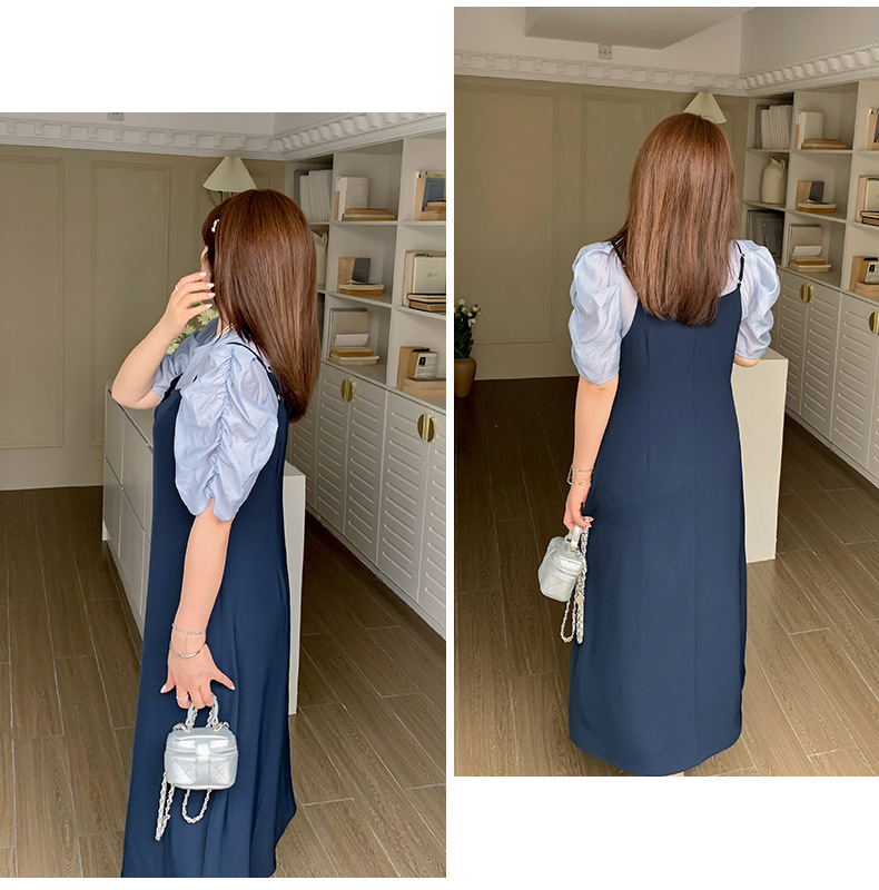 大きいサイズ レディース プリーツパフスリーブブラウス+サスペンダーワンピース LL 3L 4L 5L