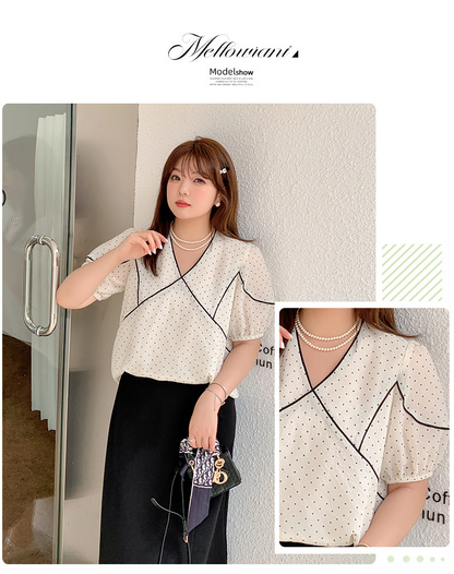 大きいサイズ レディース フレンチVネック水玉模様シースルートップス LL 3L 4L 5L