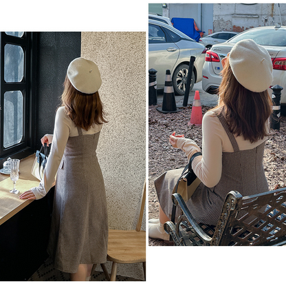 大きいサイズ レディース ハイネックインナーシャツ+サスペンダーワンピース2点セット LL 3L 4L 5L 6L